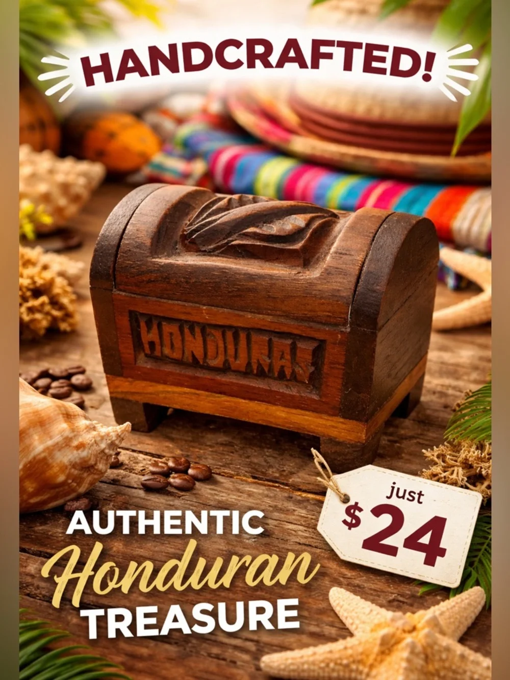Vintage Small Hand-Carved Wooden Trinket Box - Brown from HONDURAS